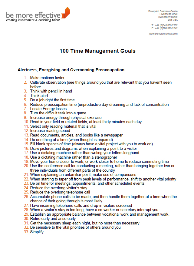 100 Time Management Goals