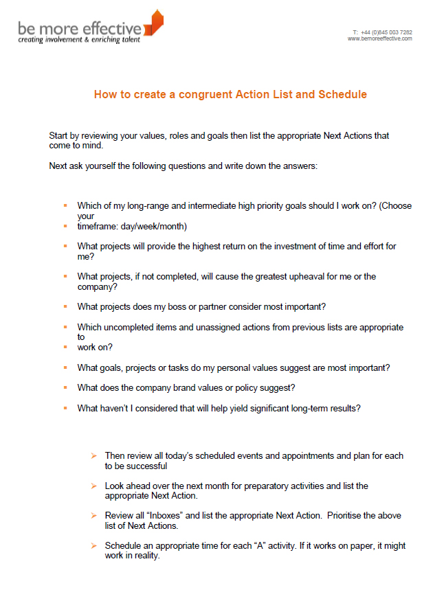 How to create a congruent Action List and Schedule